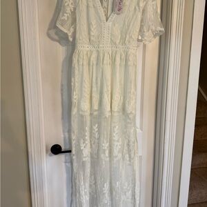 Pink Lily Cream Tiered Maxi Dress with Flutter Sleeves